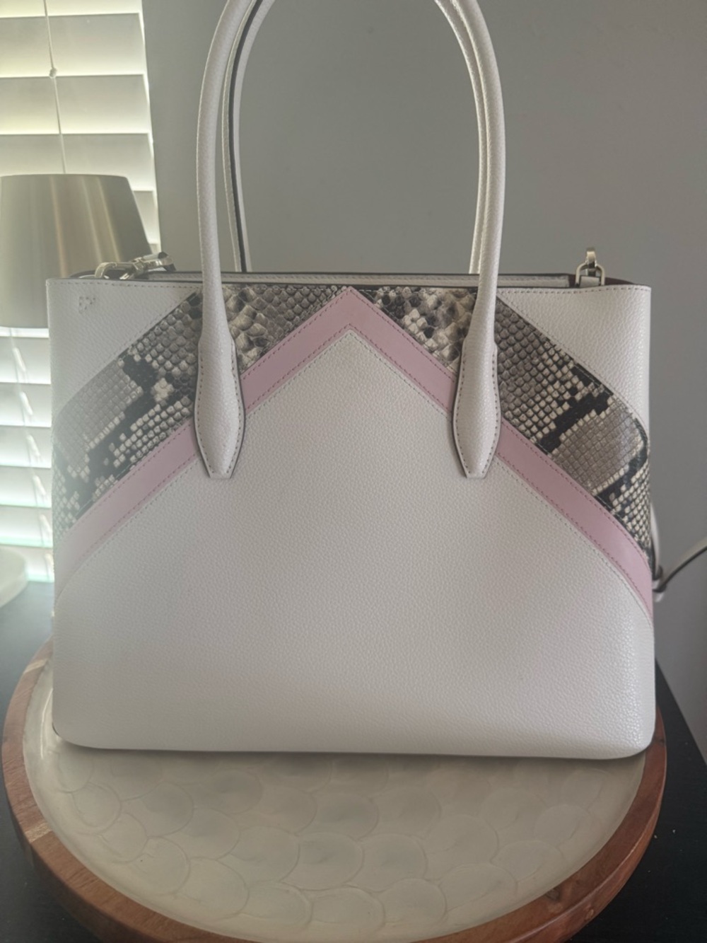 Kate Spade White & Pink Leather Satchel with Snake-Print Accent - Eva Chevron - Picture 3 of 6